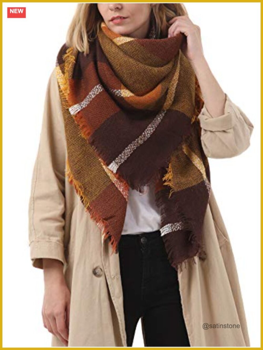 Oversized Plaid Square Shawl Wrap Winter Scarf 100% Polyester Fringe Tassel Edge